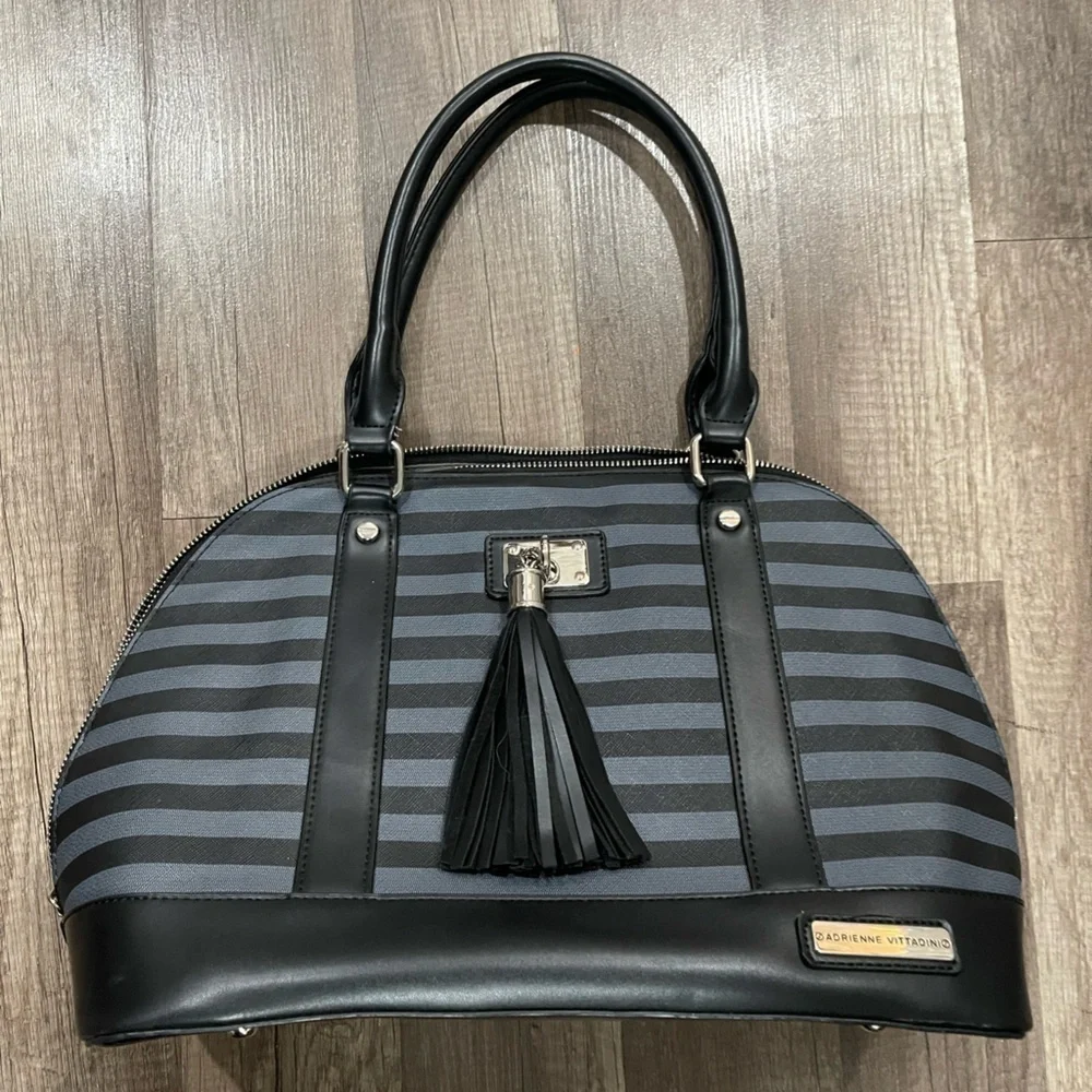 NWOT Adrienne Vittadini grey domed satchel bag grey black striped designer Alma